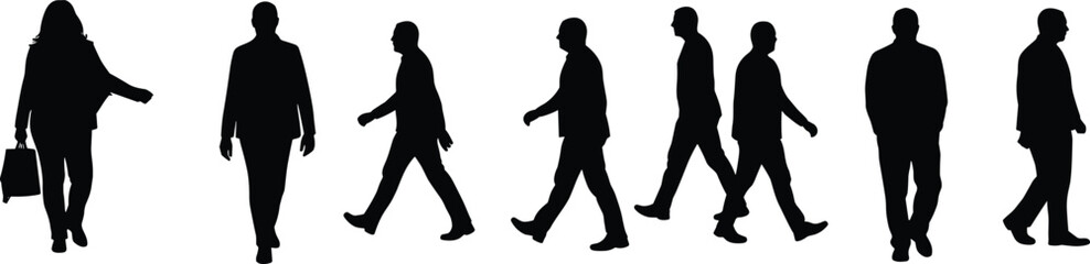 Walking people silhouettes, men and women in motion with handbag, human gait sequence, abstract shadow figures, posture reference illustration set