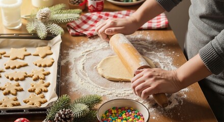 Person baking homemade Christmas cookies and rolling dough with a rolling pin. Festive holiday preparation with gingerbread shapes on a wooden table