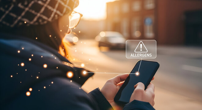 Woman uses a smartphone to check for allergens with a digital alert on the screen while walking down a sunny street promoting health awareness and technology integration for allergy management