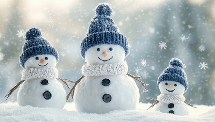 Obraz premium Three cheerful snow figures wearing knitted winter hats and scarves stand together in falling snow