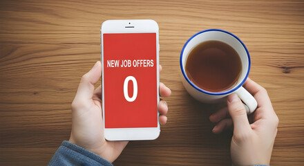Person holding a smartphone displaying "New Job Offers 0" next to a cup of tea on a wooden table symbolizing job search frustration and the need for career assistance and job opportunities