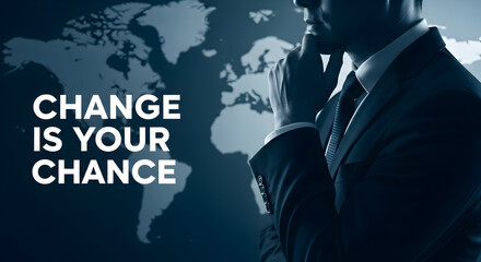 Businessman in a suit contemplates global change and opportunity against a world map backdrop symbolizing strategy leadership and the potential for growth in international markets and business venture