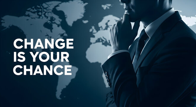 Businessman in a suit contemplates global change and opportunity against a world map backdrop symbolizing strategy leadership and the potential for growth in international markets and business venture