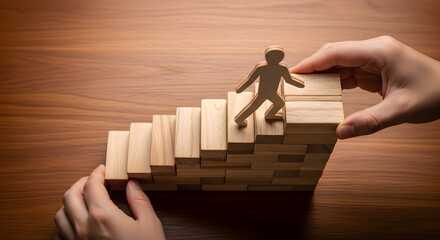 Wooden figure climbs a staircase of blocks symbolizing career growth success and strategic planning with hands guiding the way on a wooden surface for business concepts