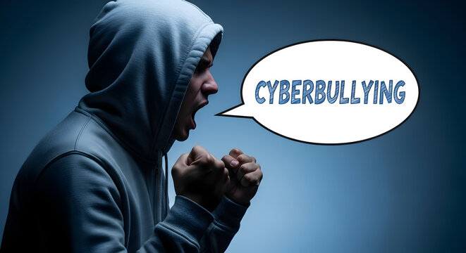 Hooded figure shouts about cyberbullying raising awareness of online harassment and digital abuse promoting internet safety and responsible online behavior in the digital age - Powered by Adobe