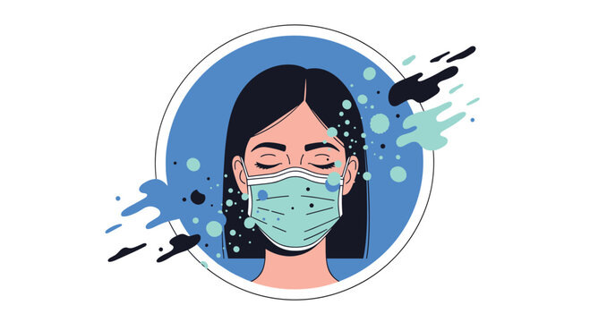 Illustration of a woman wearing a medical mask to protect from airborne particles and disease. - Powered by Adobe