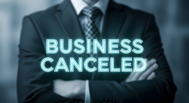 Business canceled message in glowing neon text overlayed on a blurred businessman in a suit with crossed arms representing economic downturn and financial uncertainty during challenging times - Powered by Adobe