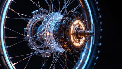 Futuristic bicycle wheel with glowing elements, a dynamic design showcasing innovation and advanced technology, perfect for modern transportation concepts