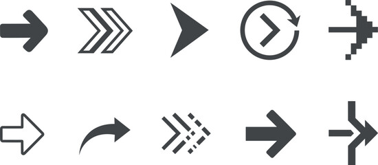Set of Ten Diverse Vector Arrow Icons Collection for Navigation, User Interface, Directional Guidance, Data Flow, and Web Design Elements