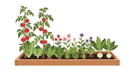 A colorful raised garden bed filled with various vegetables and flowers, including tomatoes, lettuce, and turnips.
