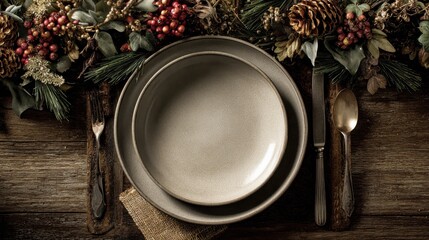festive dining arrangement featuring an unoccupied plate utensils and seasonal decor on a rustic backdrop suitable for holiday gatherings 2026