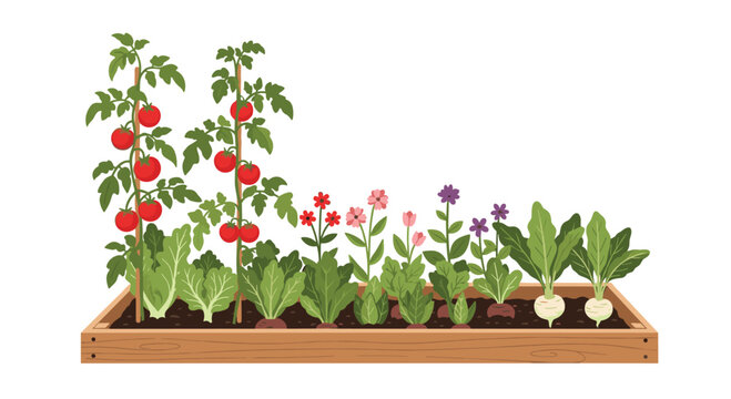 A colorful raised garden bed filled with various vegetables and flowers, including tomatoes, lettuce, and turnips.