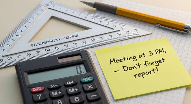Urgent meeting reminder at 3 PM with report due displayed on a bright sticky note next to calculator and engineering tools