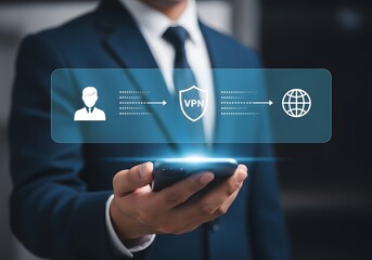 Man in suit holding phone with vpn connection graphic overlay showing secure network access concept