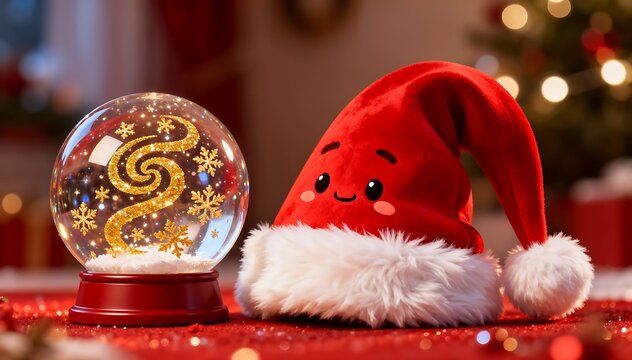 Cute Santa Hat and Sparkling Snow Globe Christmas Scene - Powered by Adobe