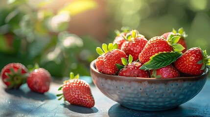 Fresh ripe strawberries in a bowl outdoors with sunlight