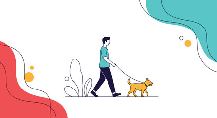 Fototapeta premium A person walks their dog on a leash in a minimalist illustration with abstract shapes.