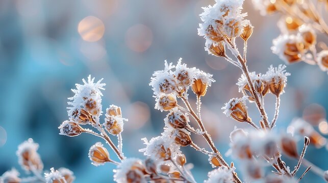Delicate frost covered dried flowers in soft morning light - Powered by Adobe