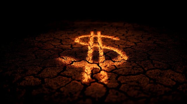 Burning dollar sign on cracked earth symbolizing economic crisis.
