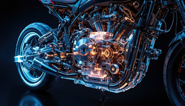 Futuristic motorcycle design with glowing internal mechanics, showcasing innovation and engineering excellence, a stunning visual for automotive enthusiasts