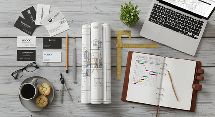 Architectural blueprints and business cards lay on a modern wood desk next to a laptop and coffee for a relaxed professional vibe