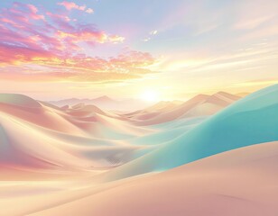Serene Desert Landscape At Sunrise With Pastel Colored Dunes And Wispy Clouds Illuminated By Golden Sunlight