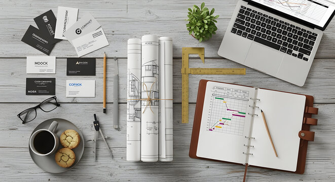 Architectural blueprints and business cards lay on a modern wood desk next to a laptop and coffee for a relaxed professional vibe