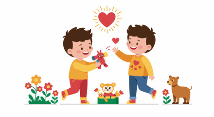 Fototapeta premium Two happy boys sharing a toy, surrounded by hearts, flowers, and a dog, symbolizing friendship, kindness, and childhood joy in a vibrant illustration.