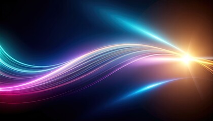 Abstract flowing light streaks of vibrant pink and blue forming a wave pattern against a dark background with a bright glowing starburst on the right side