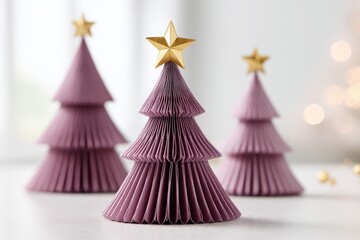 Three handcrafted paper holiday decorations display golden toppers against a soft focus background