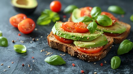 Delicious avocado toast with tomatoes and basil on dark background