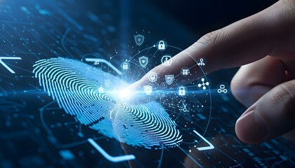 Finger interacting with a blue biometric security hologram on a dark blue and black background