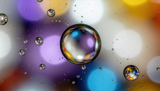 Abstract macro photography of oil and water droplets suspended against a colorful bokeh background with vibrant lights creating a mesmerizing iridescent effect
