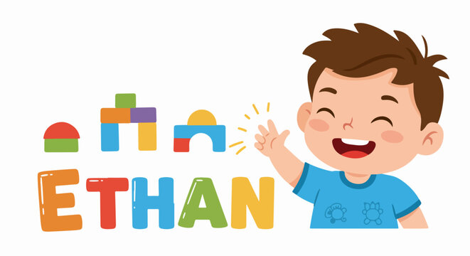 Happy cartoon boy Ethan smiling and waving with colorful building blocks spelling his name, perfect for early education and child-friendly designs.