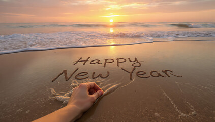 A hand writing "Happy New Year" in the sand on a beach at sunset.