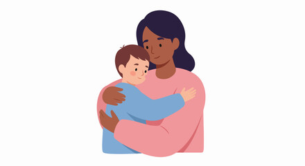 A loving mother with dark skin embracing her child with light skin, symbolizing warmth, care, and a strong family bond in a tender illustration.