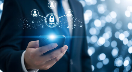Businessman uses a smartphone with VPN connection for secure network access and data protection ensuring privacy and security with encrypted communication and a virtual private network on mobile
