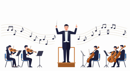 Flat design illustration of an orchestra performing, with a conductor leading violinists and cellists, surrounded by musical notes and staff. © Nafa Project