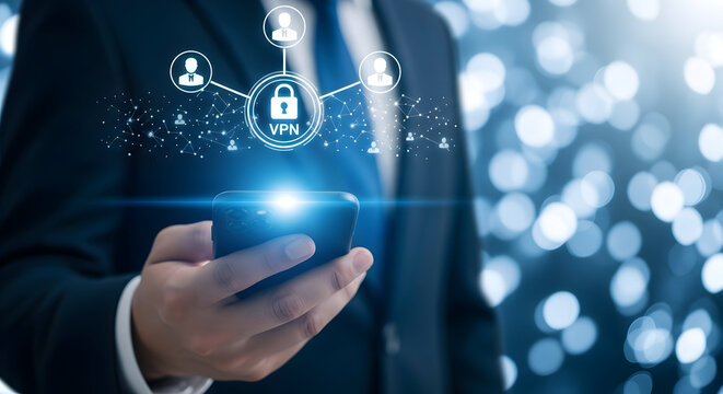 Businessman uses a smartphone with VPN connection for secure network access and data protection ensuring privacy and security with encrypted communication and a virtual private network on mobile