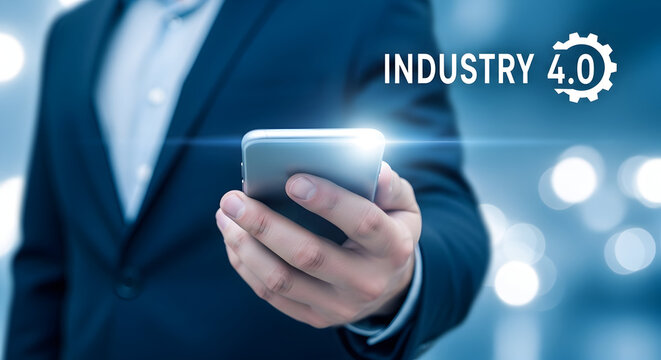 Businessman using smartphone for industry 4.0 technology and digital transformation with automation iot and ai solutions for manufacturing and business innovation in a modern world