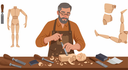 Skilled craftsman carving a wooden artist's mannequin, surrounded by tools and disassembled parts, illustrating the intricate art of woodworking and figure creation.