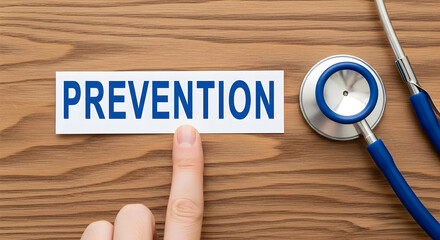 Prevention message with a blue stethoscope on a wooden background emphasizing healthcare wellness and the importance of proactive health measures for a healthy lifestyle and disease control