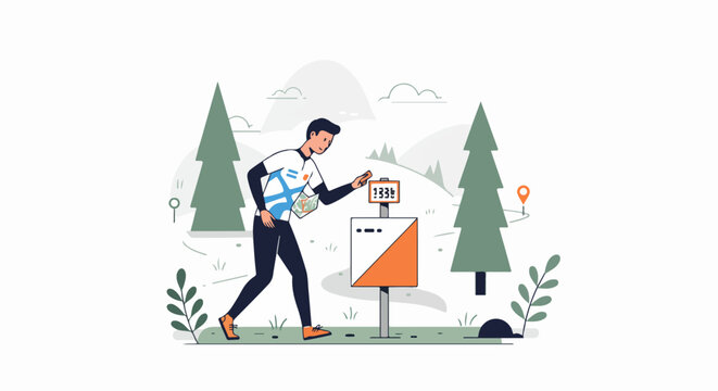 A man participating in an orienteering race, checking a control point with a map in a natural forest setting, pursuing adventure and navigation.