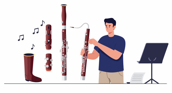 Musician assembling a bassoon with musical notes and a stand with sheet music. A flat illustration showcasing instrument preparation for practice or performance.