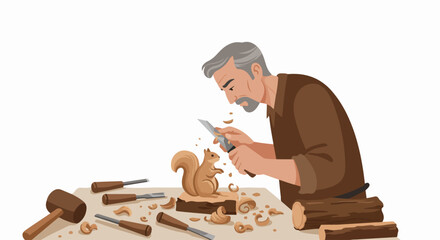 Senior craftsman meticulously carves a wooden squirrel, demonstrating dedication to a timeless hobby, surrounded by traditional woodworking tools.