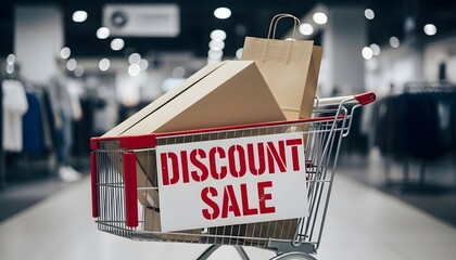 Shopping cart packed with boxes and bags presented in a blurred outlet mall environment