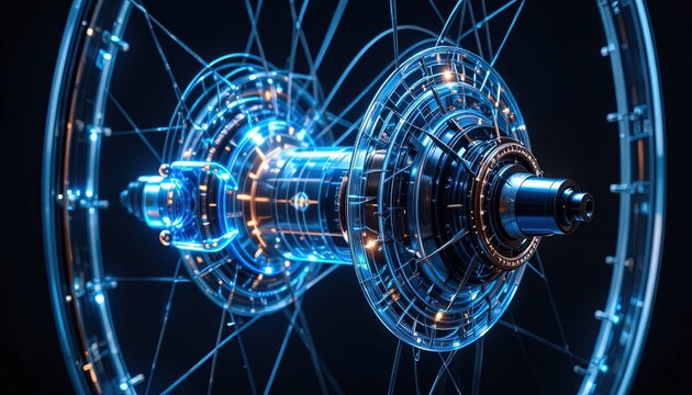 Explore futuristic bike wheel technology with glowing blue accents, perfect for cutting-edge design projects or innovative transportation concepts now