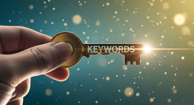 Hand holding a golden key with the word keywords engraved representing seo strategy keyword research and unlocking online success in digital marketing with a bright light effect