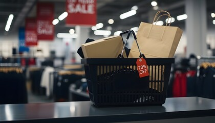 Shopping cart holding boxes and bags arranged in a lively discount outlet mall scene