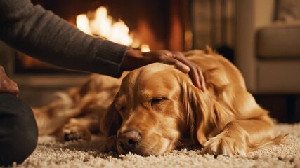 Close-up of a hand petting a sleeping golden retriever near a fireplace. A cozy scene of friendship and warmth, ideal for pet care and winter themes.